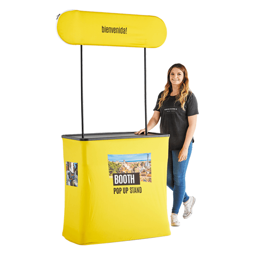 beautiful woman standing beside a booth fabric stand