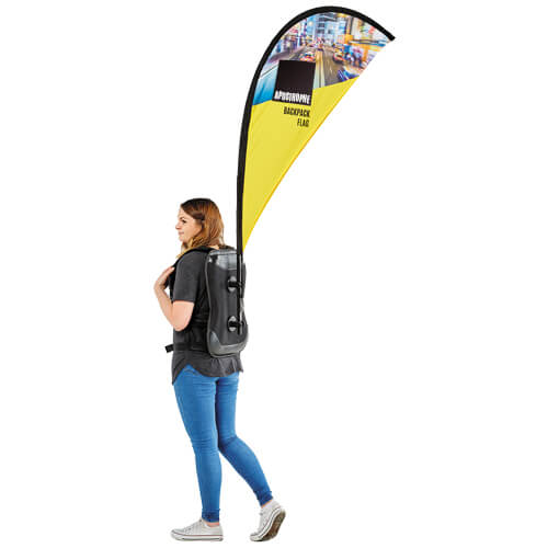 A woman with Apostrophe Backpack Flag