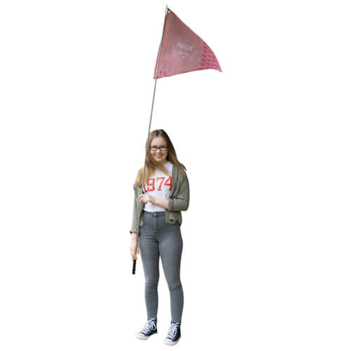a girl holding a Jamboree Flag